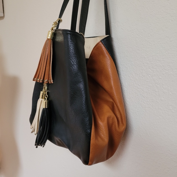 Big Buddha Black and Brown Vegan Leather Tote - Picture 5 of 7